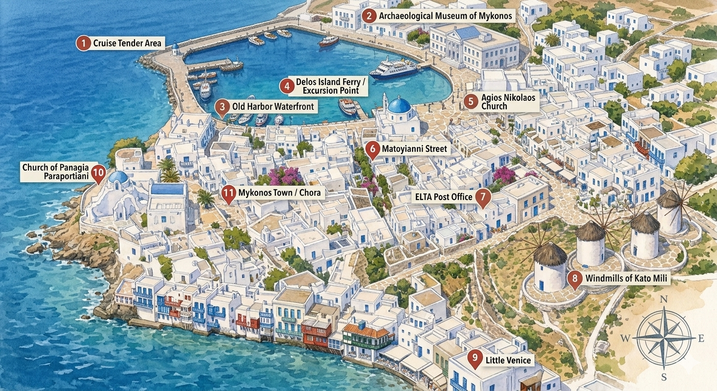 Illustrated postcard map of Mykonos Town tour route